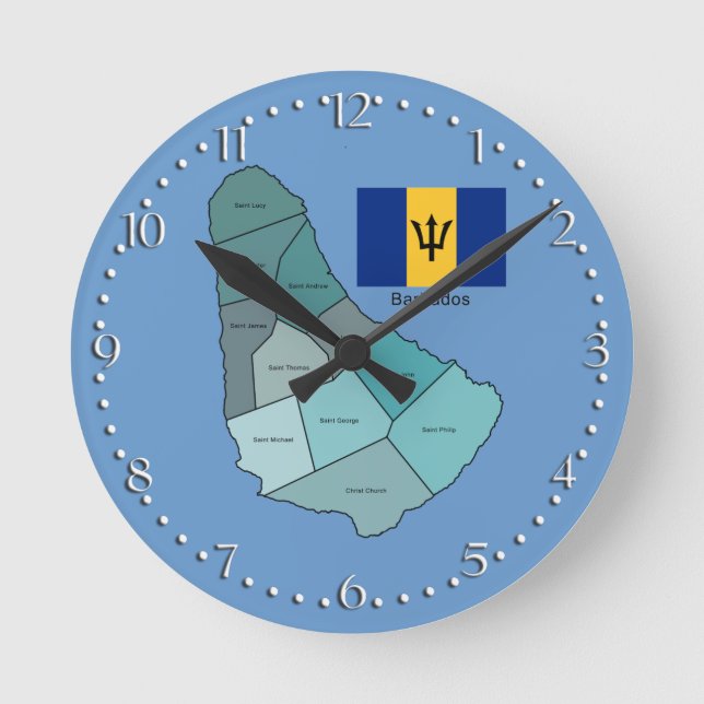 Flagge und Karte von Barbados Runde Wanduhr (Vorderseite)