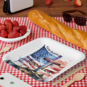 Flagge und Kreuz "Gott segne Amerika" Pappteller
