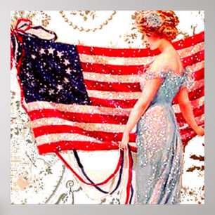 Flaggen-Dame 4. Juli Patriotische Vintage-Postkart Poster