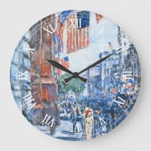 Flags Fifth Avenue by Childe Hassam, Vintag Art Große Wanduhr