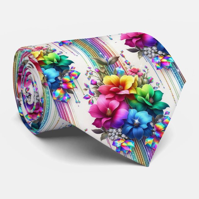 Flamboyante Krawatte | Regenbogenblumen und Diaman (Gerollt)