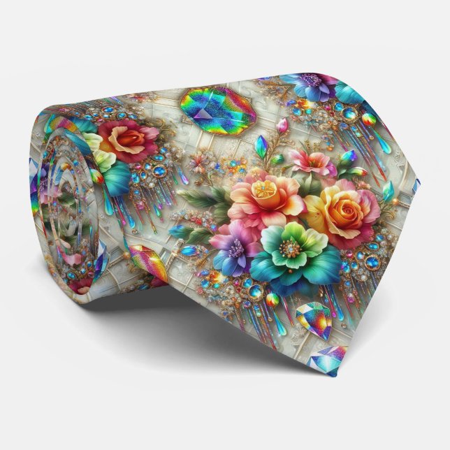 Flamboyante Krawatte | Regenbogenblumen und Diaman (Gerollt)