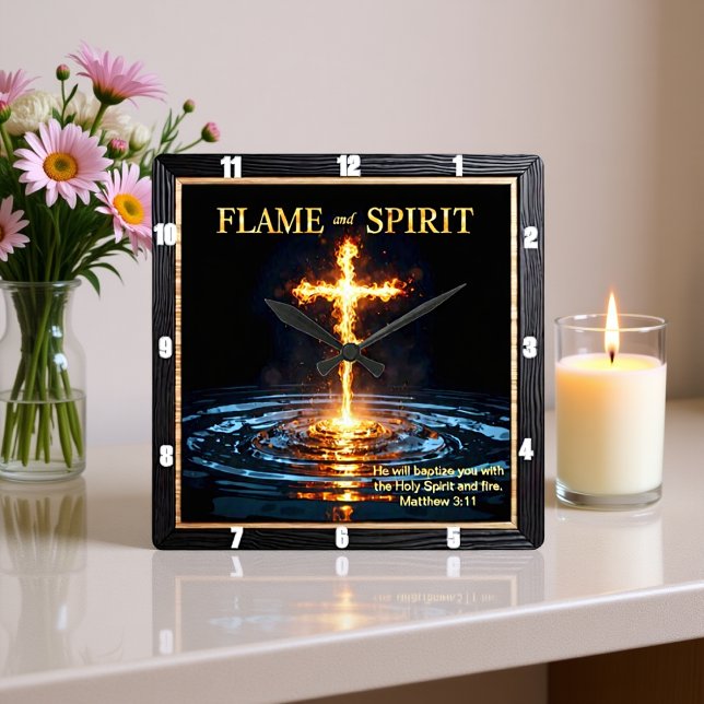Flame Cross Water Spirit Baptism Matthew 3:11 Quadratische Wanduhr (Von Creator hochgeladen)