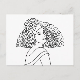 Flamenco Spanische Dame mit Fächer Tinte Kunst Zei Feiertagspostkarte