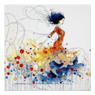 Flamenco-Tänzerin in fließender mehrfarbiger Beweg Poster