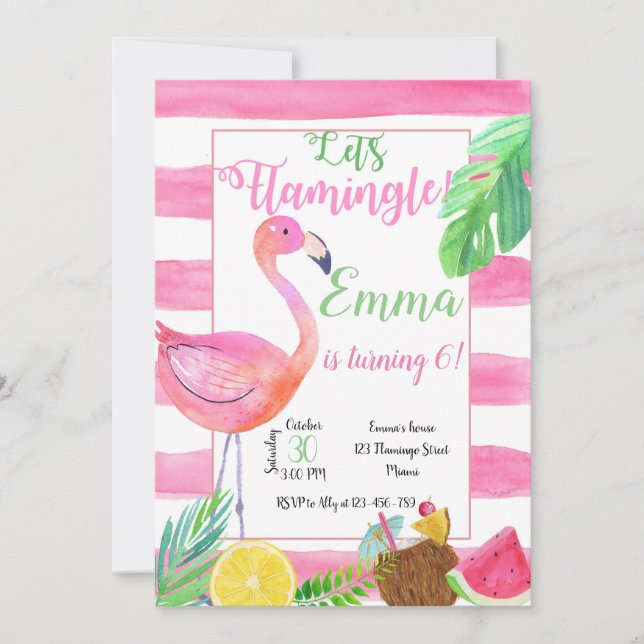 Flaminfo Birthday Invitation, Flamingo Invitation, Einladung (Vorderseite)