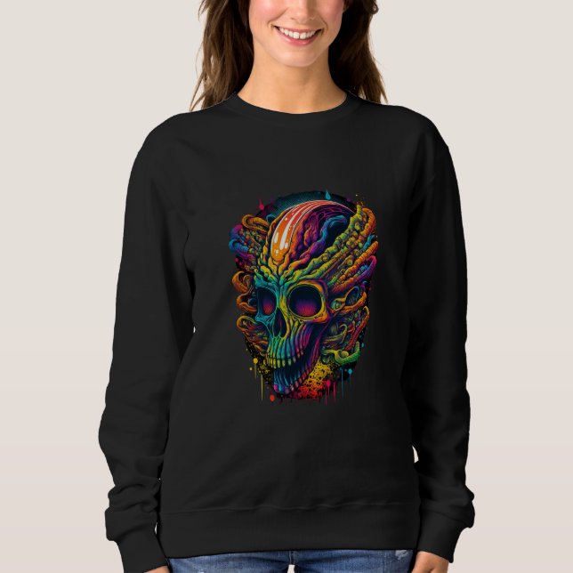 Flaming Alien Skull Out Of This World Neon EDM Fes Sweatshirt (Vorderseite)