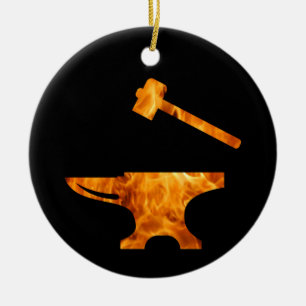 Flaming Anvil & Hammer Blacksmith Metalworking Keramik Ornament