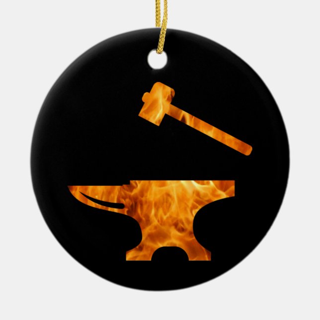 Flaming Anvil & Hammer Blacksmith Metalworking Keramik Ornament (Vorne)