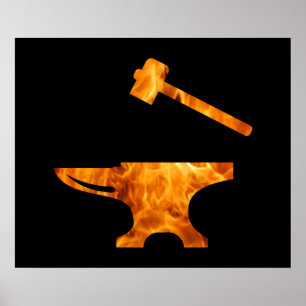 Flaming Anvil & Hammer Blacksmith Metalworking Poster
