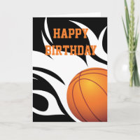 Flaming Basketball Black and White Happy Birthday