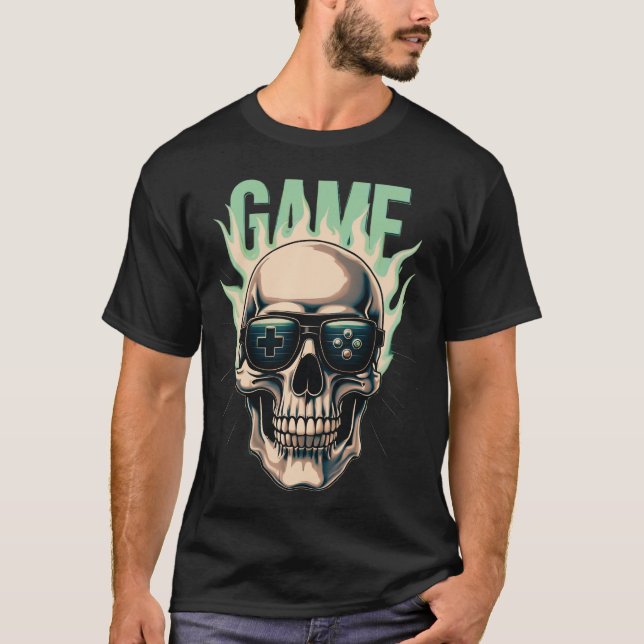 Flaming Gamer Skull – Retro Gaming Power Design T-Shirt (Vorderseite)