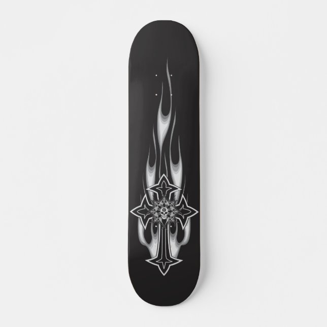 Flaming Goth Skull Cross Skateboard (Vorne)