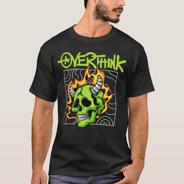 Flaming Green Skull with Horns streetwear T-Shirt (Vorderseite)