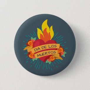 Flaming Heart Dia de los Muertos   Button