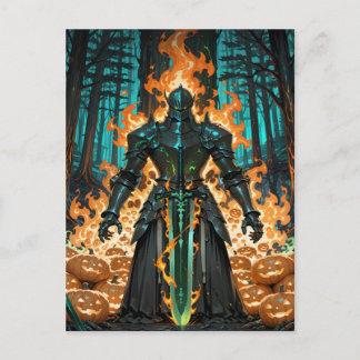 Flaming Pumpkin Knight Dark Forest Halloween Feiertagspostkarte