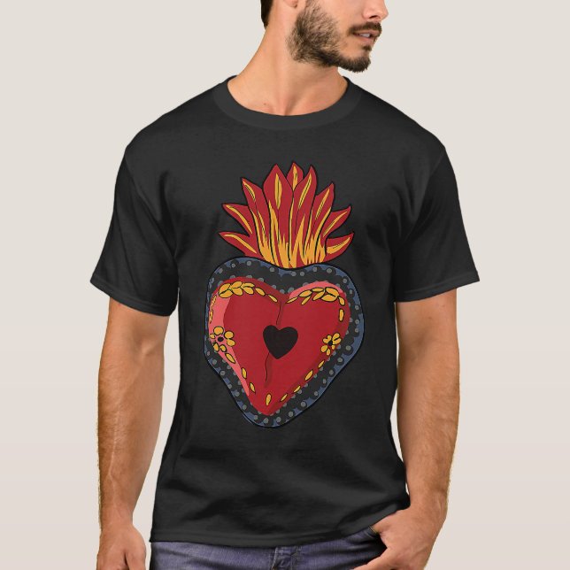 Flaming Sacred Heart Mexican Folk Corazon T-Shirt (Vorderseite)