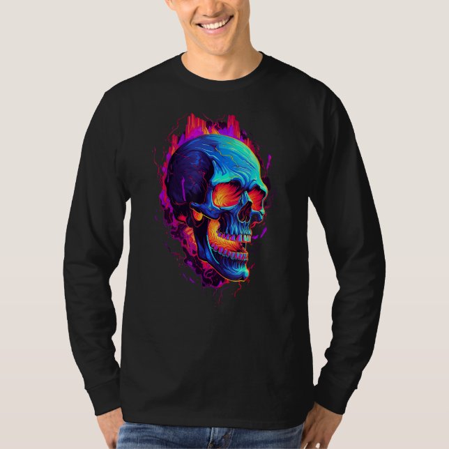 Flaming Skull Cool Red Orange & Blue Skeleton Skul T-Shirt (Vorderseite)
