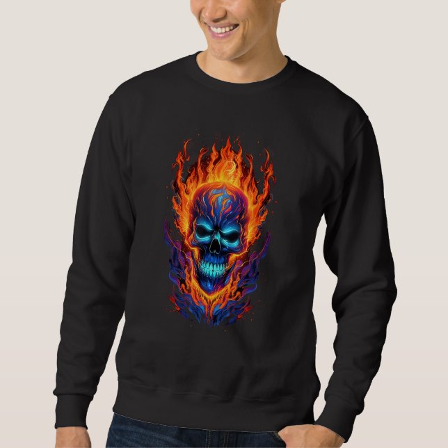 Flaming Skull Red Orange & Blue Cool Skeleton Skul Sweatshirt (Vorderseite)