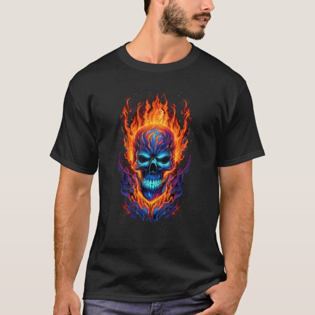 Flaming Skull Red Orange & Blue Cool Skeleton Skul T-Shirt (Vorderseite)