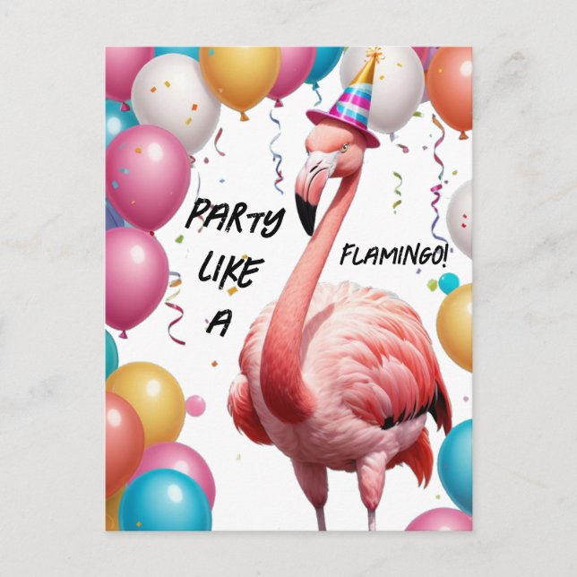 Flamingle & Feast - Funny Flamingo Birthday Surpri Postkarte (Vorderseite)