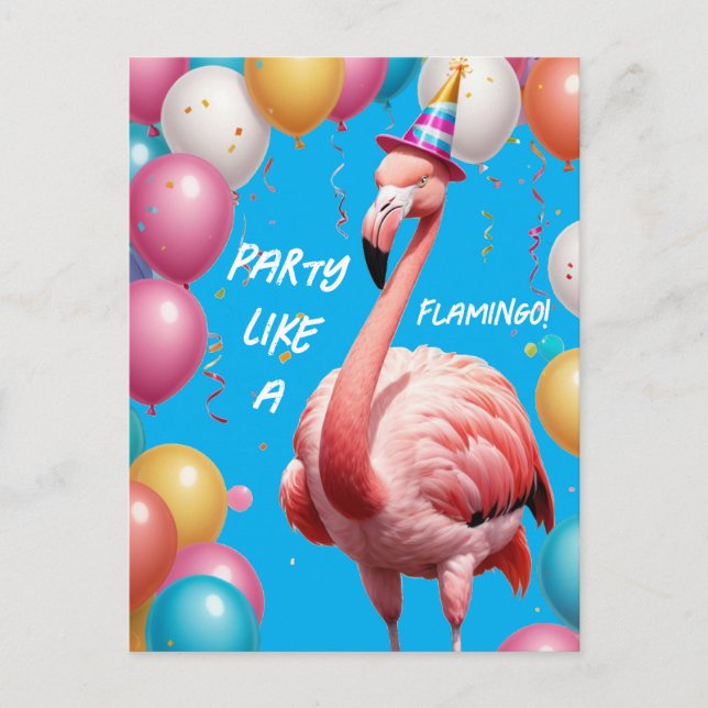 Flamingle & Feast - Funny Flamingo Birthday Surpri Postkarte (Vorderseite)