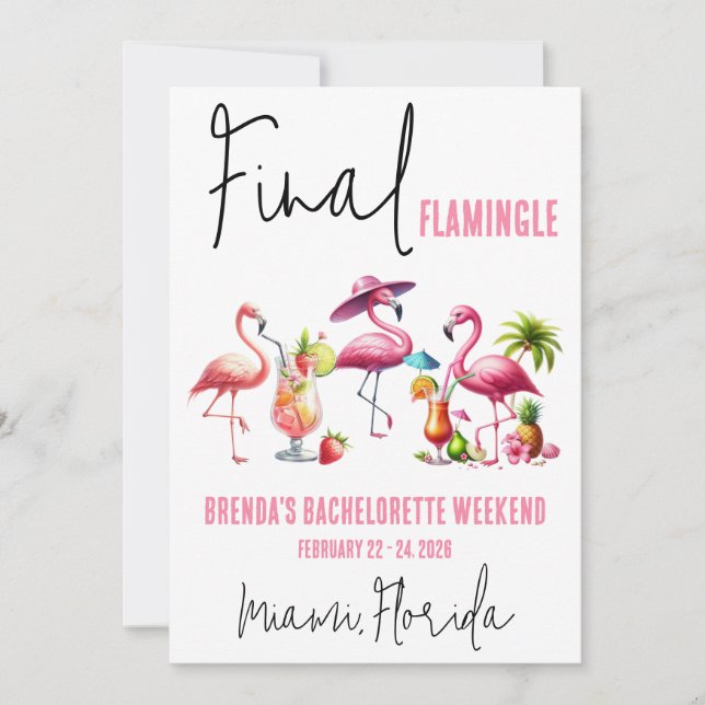 Flamingle, Flamingo Bachelorette Wochenende Einladung (Vorderseite)
