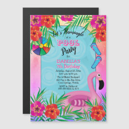 Flamingle Pink Floral 7. Geburtstag Pool Party Magneteinladung