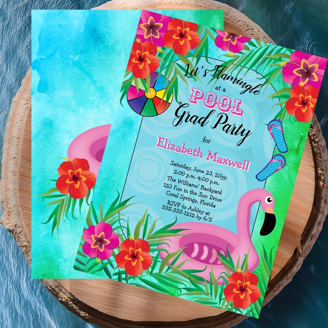 Flamingle Pink Floral Abschluss Pool Party Einladung (Flamingle Pink Floral Tropical Graduation Pool Party Invitation - Print and/or Digital Download)