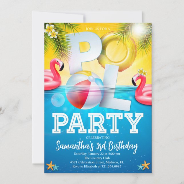 Flamingle Pool Party Geburtstag Einladung (Vorderseite)