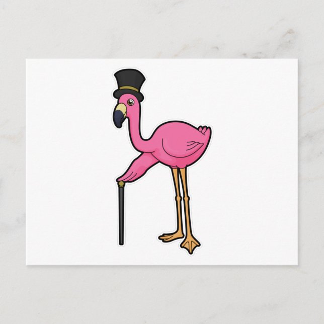 Flamingo als Bräutigam mit Hut und Rohr Postkarte (Vorderseite)