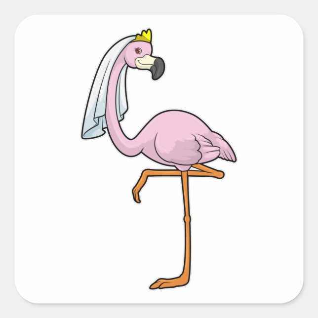 Flamingo als Bride bei Hochzeit mit Veil Quadratischer Aufkleber (Vorderseite)