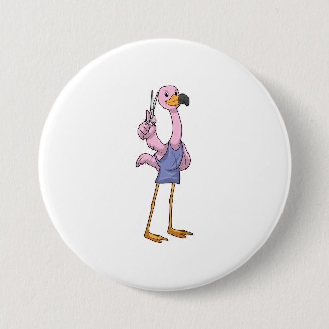 Flamingo als Friseur mit Schere Button (Vorderseite)