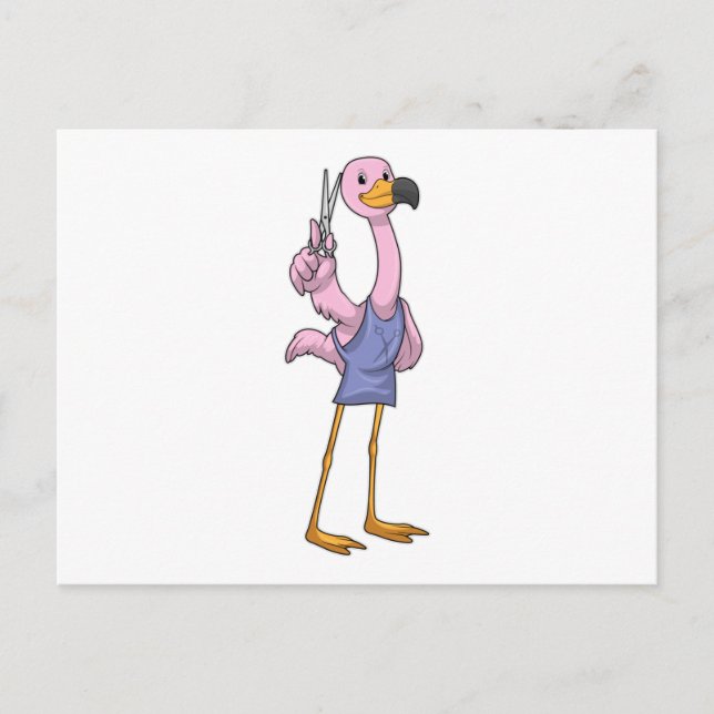 Flamingo als Friseur mit Schere Postkarte (Vorderseite)