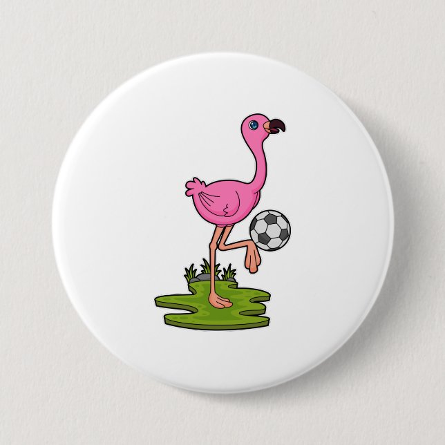 Flamingo als Fußballspieler mit Fußball Button (Vorderseite)