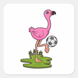 Flamingo als Fußballspieler mit Fußball Quadratischer Aufkleber