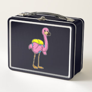 Flamingo als Schüler mit Schultasche Metall Brotdose