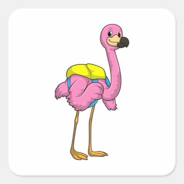 Flamingo als Schüler mit Schultasche Quadratischer Aufkleber (Vorderseite)