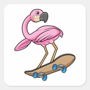 Flamingo als Skater mit Skateboard Quadratischer Aufkleber