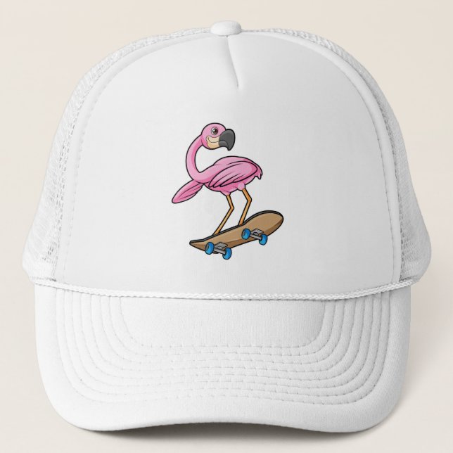 Flamingo als Skater mit Skateboard Truckerkappe (Vorderseite)