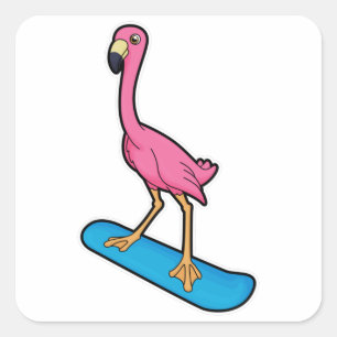 Flamingo als Snowboarder mit Snowbaord Quadratischer Aufkleber