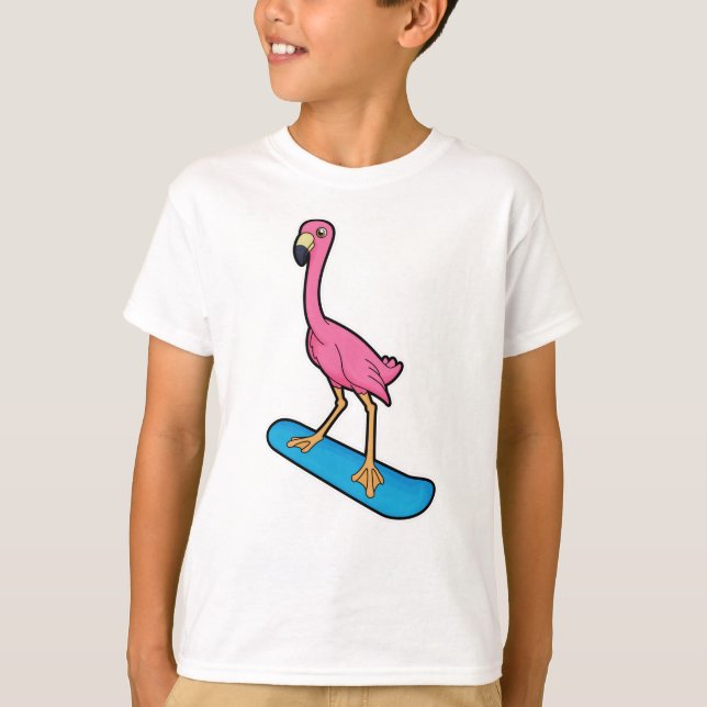 Flamingo als Snowboarder mit Snowbaord T-Shirt (Vorderseite)
