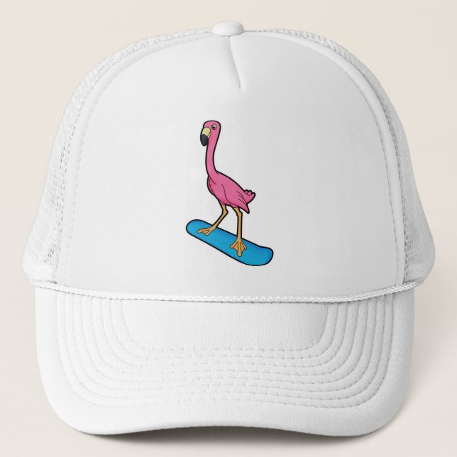 Flamingo als Snowboarder mit Snowbaord Truckerkappe (Vorderseite)