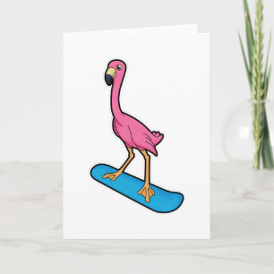 Flamingo als Snowboarder mit Snowboard Karte