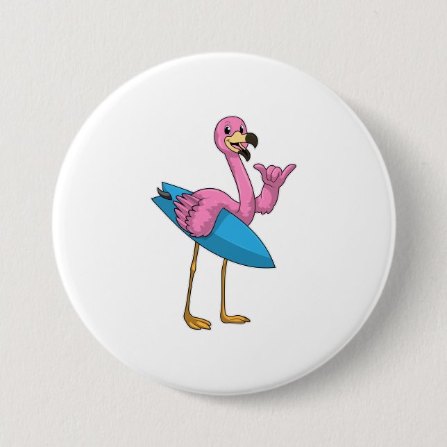 Flamingo als Surfer mit Surfboard Button (Vorderseite)