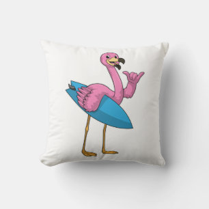 Flamingo als Surfer mit Surfboard Kissen
