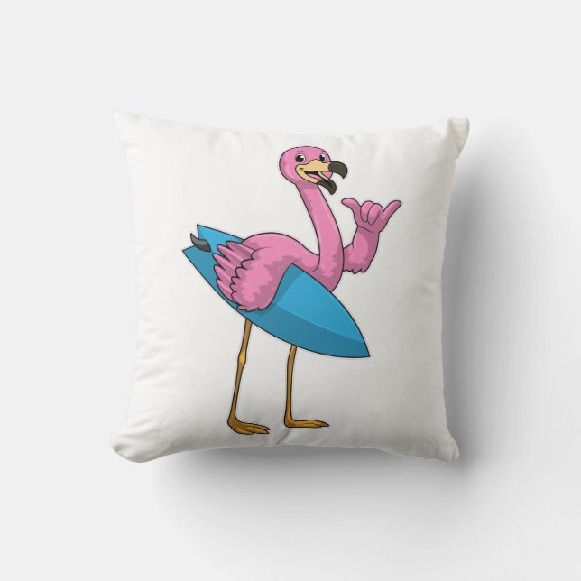 Flamingo als Surfer mit Surfboard Kissen (Vorderseite)