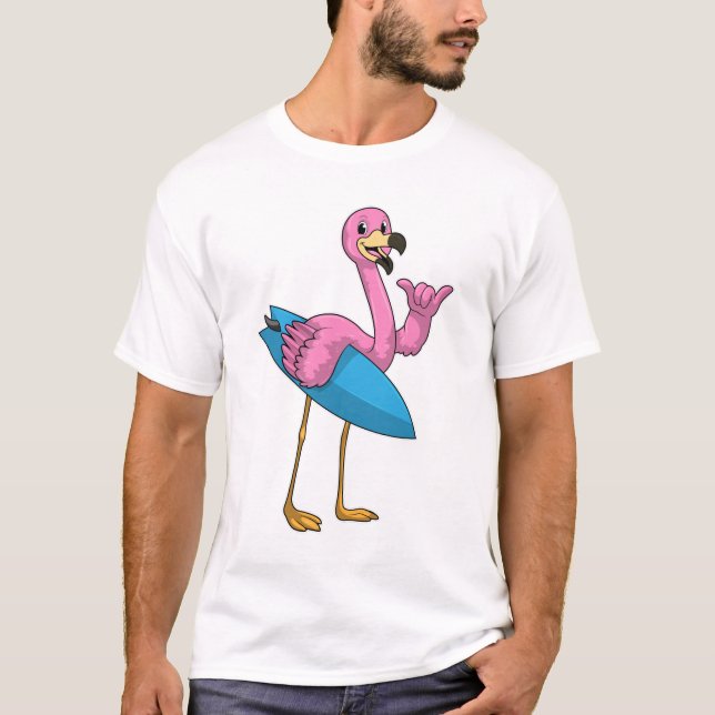 Flamingo als Surfer mit Surfboard T-Shirt (Vorderseite)
