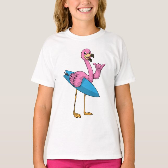 Flamingo als Surfer mit Surfboard T-Shirt (Vorderseite)