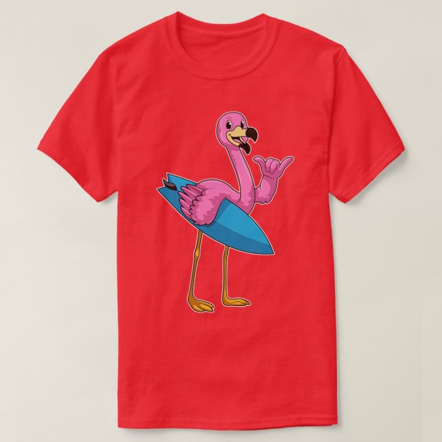 Flamingo als Surfer mit Surfboard T-Shirt (Design vorne)